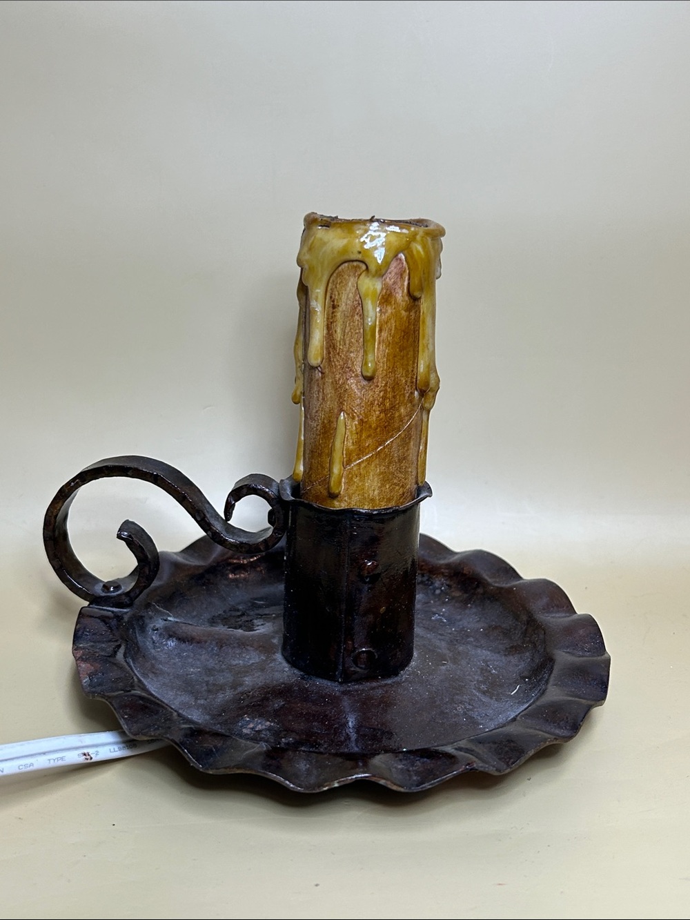 Rustic Metal Candle Lamp with Amber Drip Accent